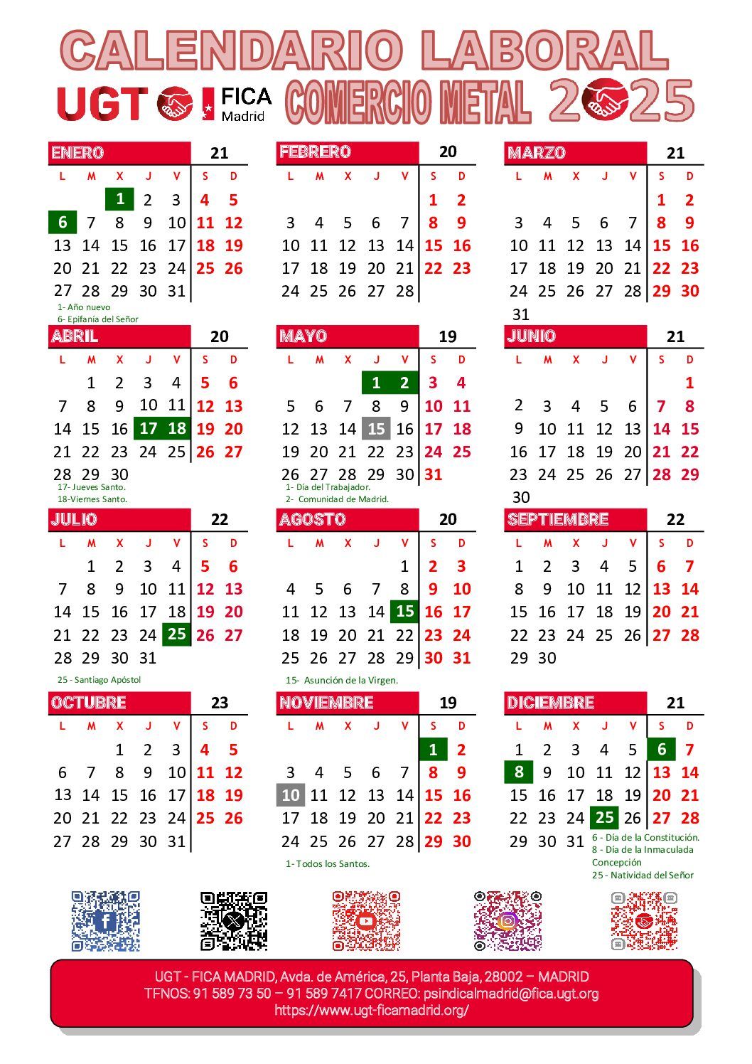 Calendario laboral del Comercio del Metal 2025